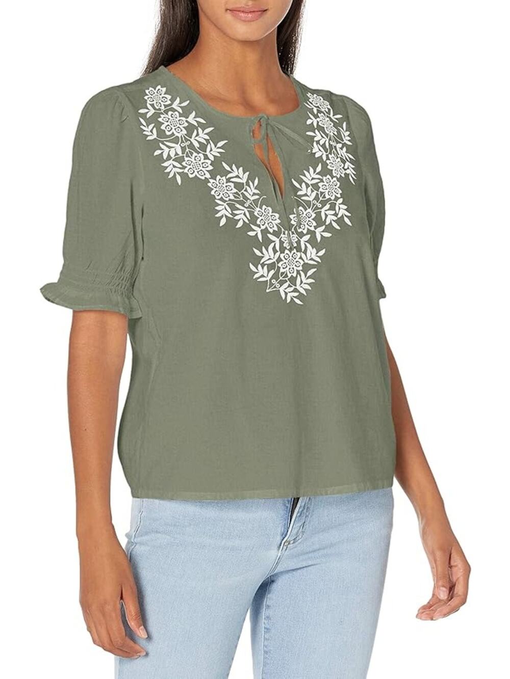 Lucky‎ Brand Embroidered Floral Top Womens Sz Large Laurel Wreath Tie Neck Boho